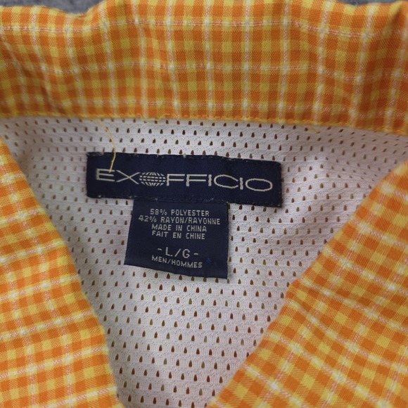 Exofficio Shirt Large Orange Yellow Check Short Sleeve Vented Fishing Pockets - Picture 3 of 9
